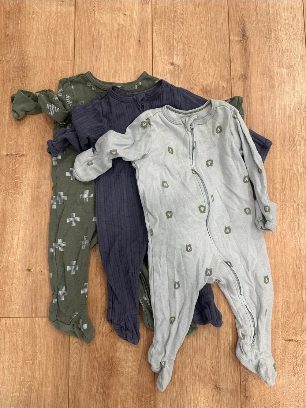 cloud island Footed One-Piece Sleepers in Olive, Navy & Light Blue
